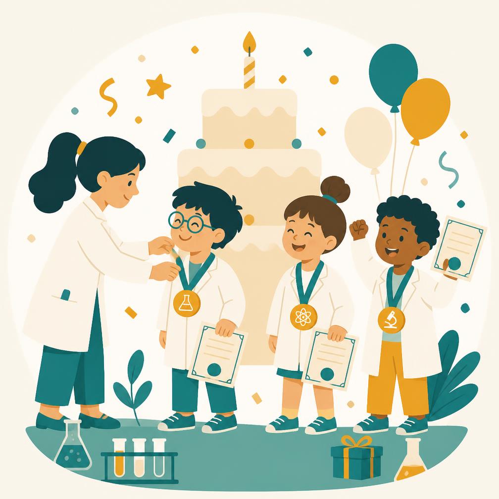 Illustration of children in lab coats receiving badges and certificates