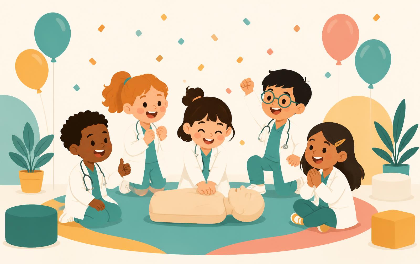 Illustration of children in lab coats practicing CPR on a training manikin at a party