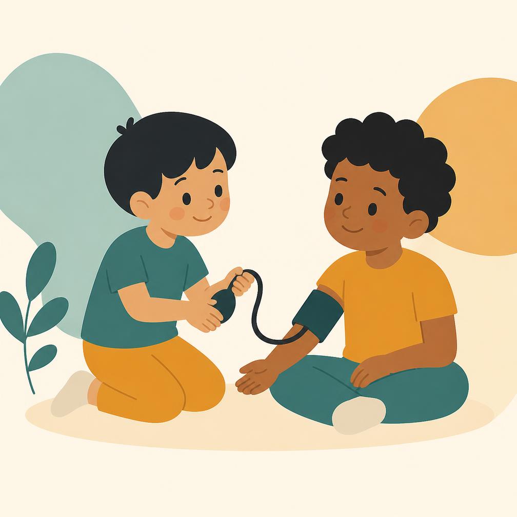 Illustration of a child taking a friend's blood pressure with a cuff