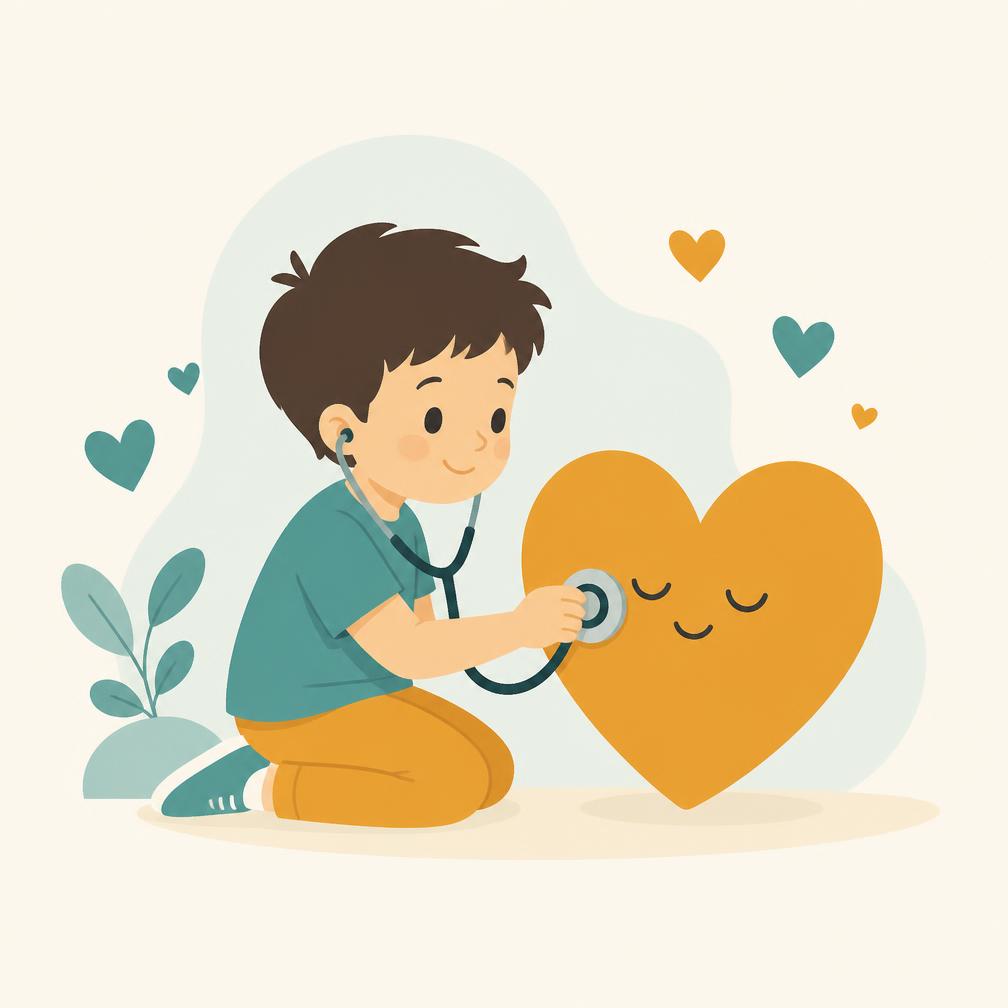 Illustration of a child listening to a heart with a stethoscope