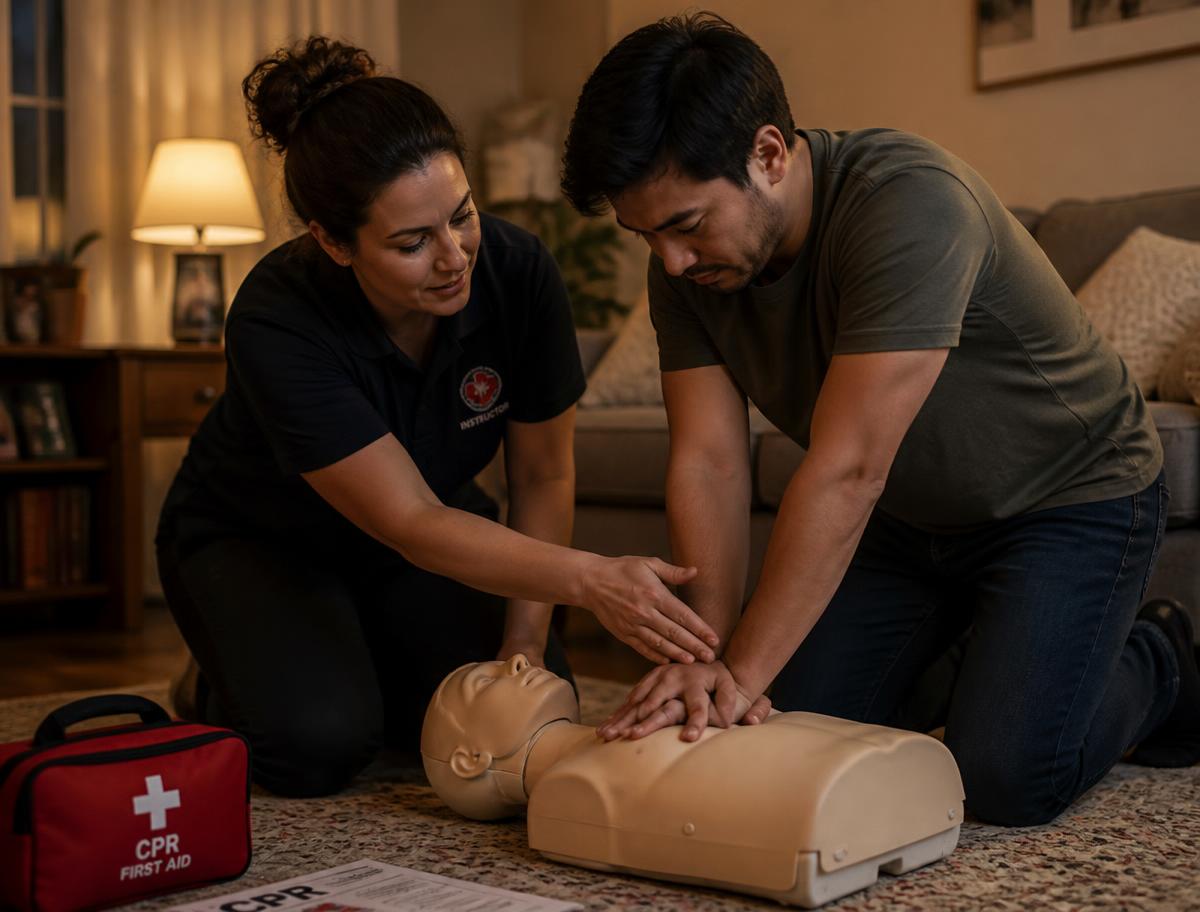 An instructor guiding an adult through chest compressions on a training manikin during an evening in-home session.